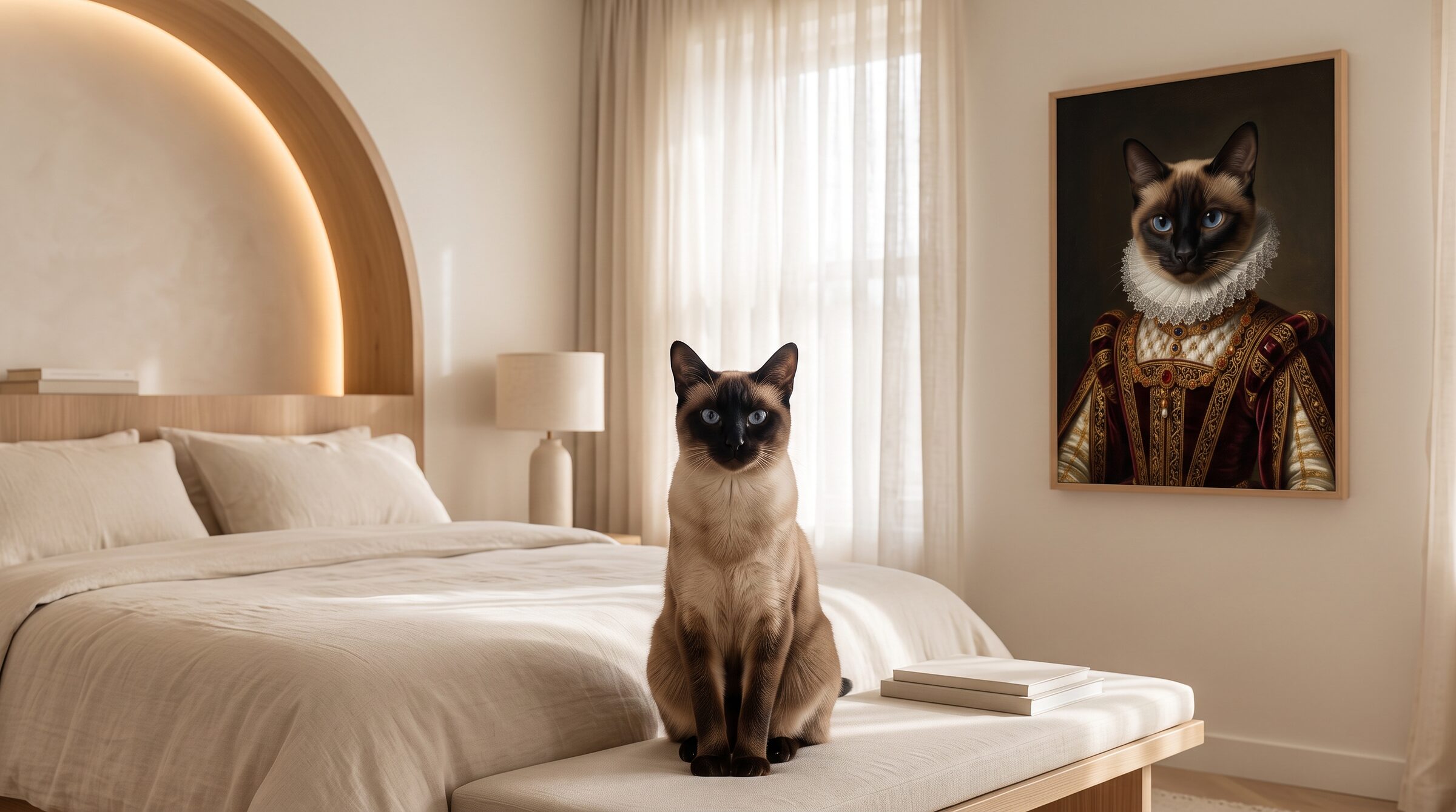 Chat siamois dans une chambre premium avec son portrait royal encadré au mur