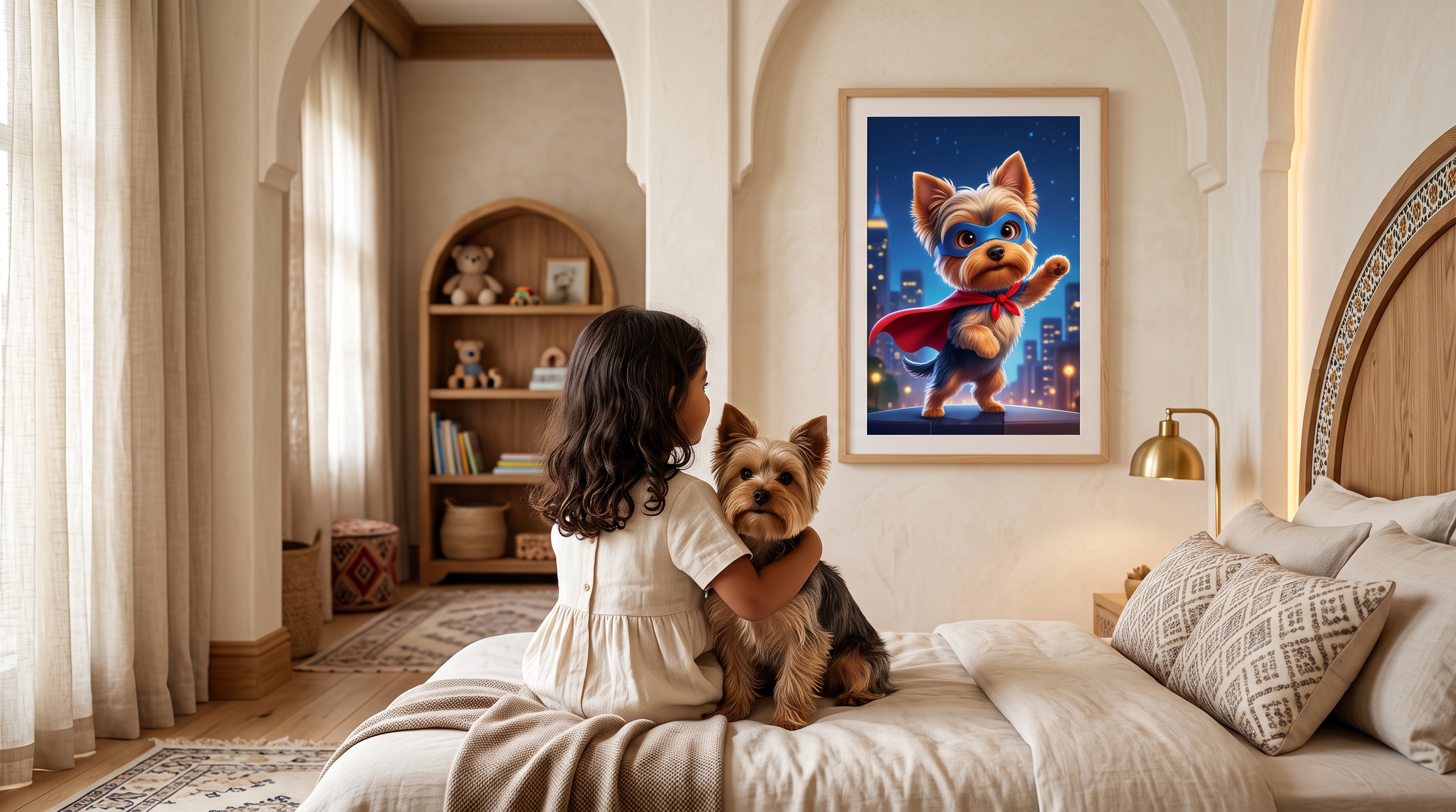 Fillette avec son chien dans une chambre premium marocaine, portrait super-héros encadré au mur